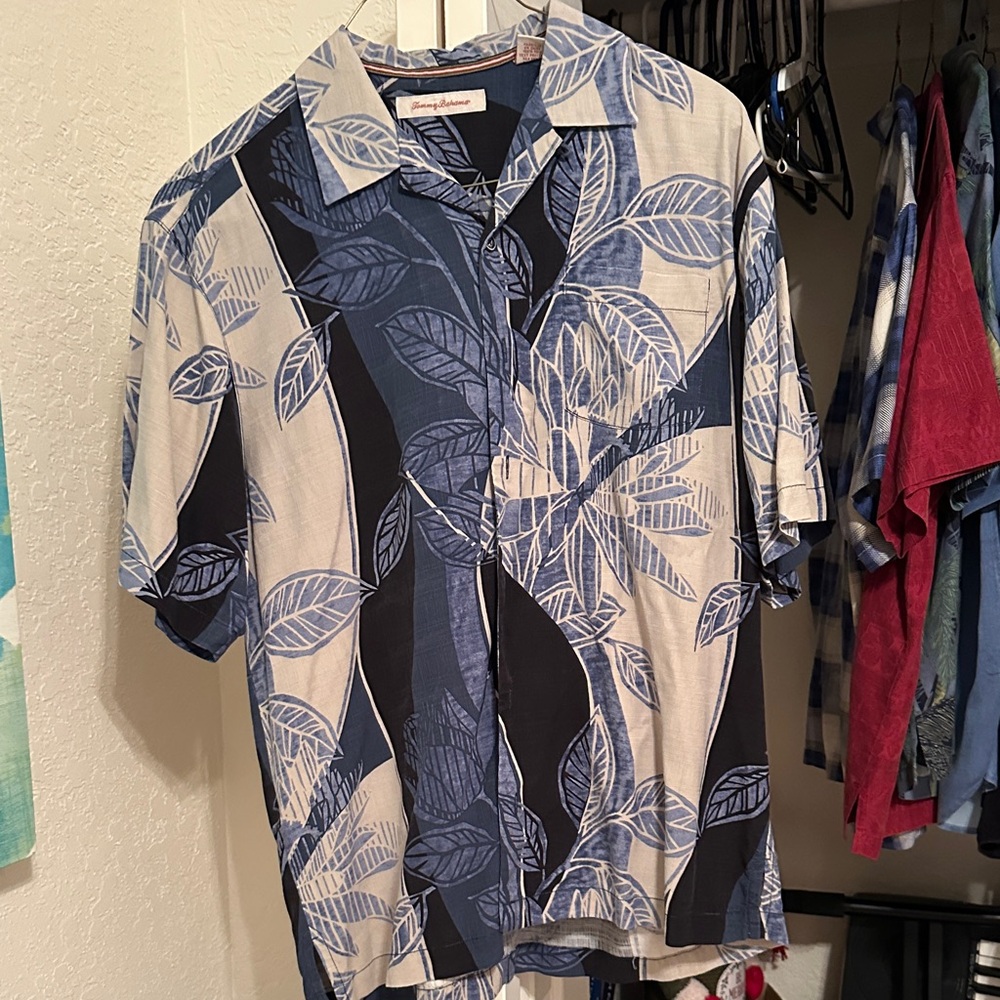 Large Tommy Bahama Navy and Cream Leaf Print Men's Shirt